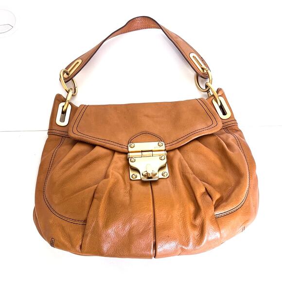 Y2K Steven Leather Flap Turnlock Hobo Shoulder Bag Tan Chunky Gold Tone Hardware - Picture 1 of 8